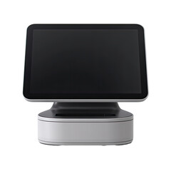 Gray modern touchscreen device on a round base, centered on black background