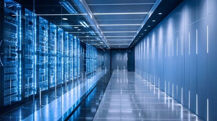Modern data center corridor with blue illuminated server racks