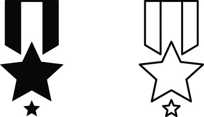 Award medal icon set with star ribbon silhouette and outline design, achievement badge symbol isolated on white background