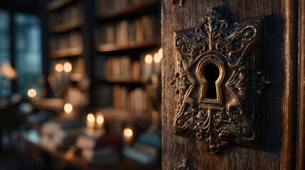 Vintage Keyhole on Wooden Door with Books.
