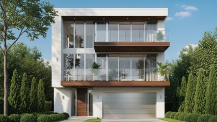 Modern three story residential house with large windows and balcony