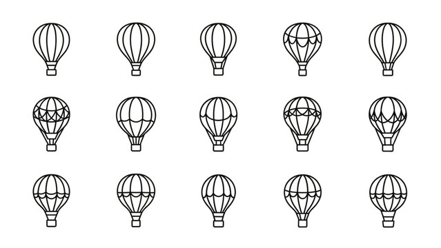 Set of 15 hot air balloon line art icons representing different styles and details for graphic