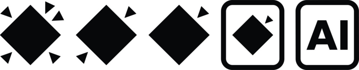 Abstract diamond shape icon set with motion particles and AI symbol, geometric animation elements isolated on white