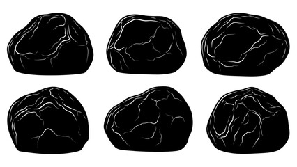 Six black rocks with white crack patterns arranged in two rows on a white background for abstract © @_ greta