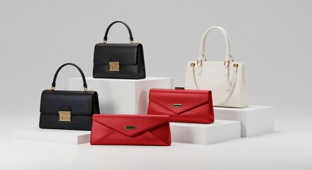 高級感あふれる黒白赤のハンドバッグとクラッチバッグが白い台座に整然と並べられ明るく清潔なスタジオ照明が高級感を際立たせるモダンな商品展示. AI Generated