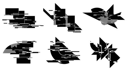 Abstract digital glitch art composed of geometric shapes and horizontal lines in black and white