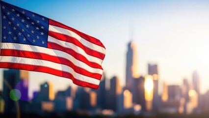 Celebrating national freedom day with american flag waving in front of iconic city skyline