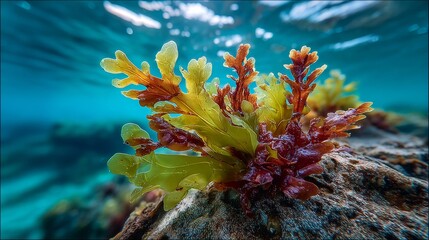 Vibrant Coral Reef Underwater Scene with Seaweed.