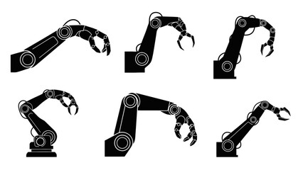 Diverse robotic arm illustrations showcasing various movements and configurations for industrial