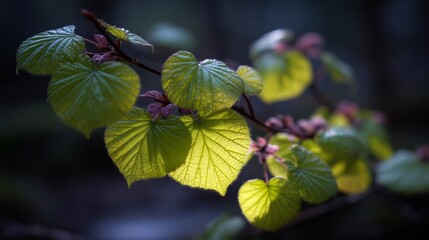 Vibrant Green Leaves on Branch Closeup.