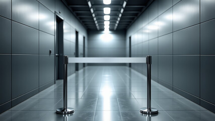 Minimalist empty hallway in secured transport building with closed doors and white walls under soft light