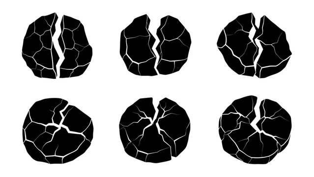 illustration of cracked and broken black stones with jagged edges and fissures in a minimalist