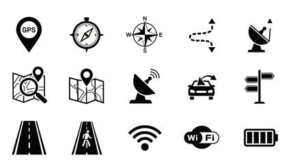 Collection of navigation and communication icons for travel directions and technology
