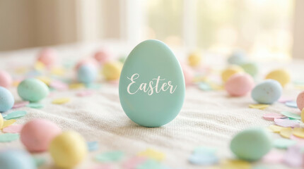 Easter egg with the word hello on it surrounded by pastel colored candy eggs on a light surface in a soft light setting