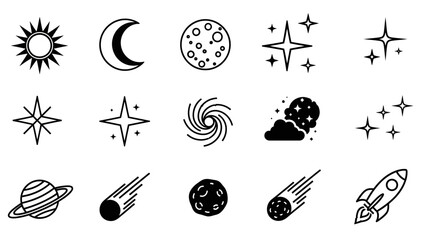 Collection of celestial and space-themed icons including planets stars and rockets in black and © @_ greta