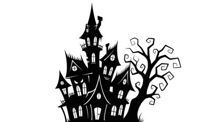 Haunted Creepy Castle with Twisted Tree in Dark Silhouette Artwork