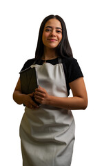 Woman smiling, holding a tablet while wearing an apron on transparent background