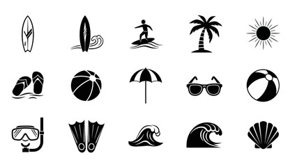 Minimalist Black and White Beach and Ocean Icons with Surfing and Summer Themes