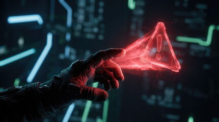 Hand reaches toward a glowing red triangle shape against a dark background with light blue and green circuit-like patterns