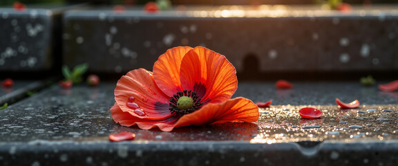Orange poppy flower resting on stone step at sunset  