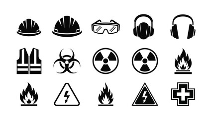 Safety and hazard warning icons related to industrial and environmental safety