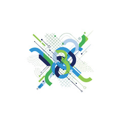 Abstract graphic design with swirling blue and green lines, shapes, and geometric patterns on a white background.