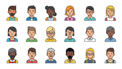 Diverse group of people illustrated in a grid, showcasing various ethnicities and ages in a simple, colorful style.