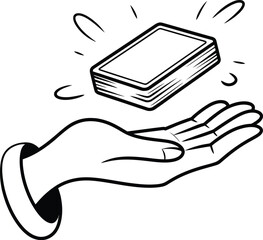 Levitation trick line-art magician&rsquo;s hand below floating card deck