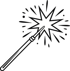 Magic wand with sparkling star burst at tip, clean black line-art