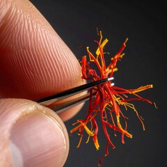 Close Up Macro Shot Of Red Saffron Threads Being Held With Tweezers In A Hand Isolated On Black Background For Culinary Spice Ingredient And Health Benefits