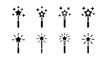Set of minimalist magic wand icons with star and sparkles in black and white © @_ greta