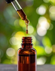 Amber Glass Dropper Bottle With Golden Liquid Extract Dripping Into Bottle In Soft Focus Green Outdoor Background Natural Lighting