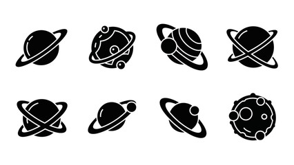 Collection of Black and White Space Themed Icons Featuring Planets and Celestial Bodies © @_ greta