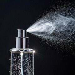 Close Up Of Clear Perfume Bottle Spraying Fine Mist Against Dark Background With Sparkle Light Effect
