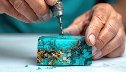 Close up of Hands Drilling into a Turquoise Gemstone with Intricate Veins and Golden Matrix Detailed Craftsmanship