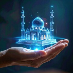 Holographic Islamic Mosque Architecture Displayed Above Open Hand with Blue Glowing Lights and Stars in Dark Background