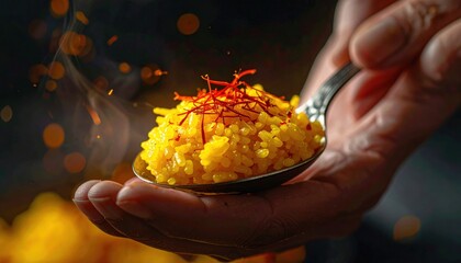 Close Up Of A Hand Holding A Spoon Filled With Golden Rice Topped With Saffron Threads And Delicate Sparks Of Light On A Dark Background