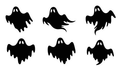 Set of six playful ghost silhouettes in black with unique shapes and expressive eyes