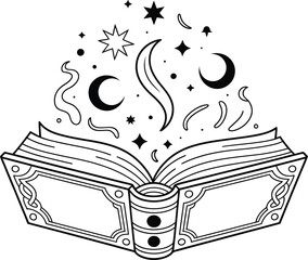 Open book with celestial motifs