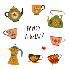 Hand drawn teapots and cups illustration set with decorative floral elements and lettering phrase &ldquo;Fancy a brew?&rdquo;. Isolated objects in warm colors. Suitable for prints, kitchen decor, cards, packaging