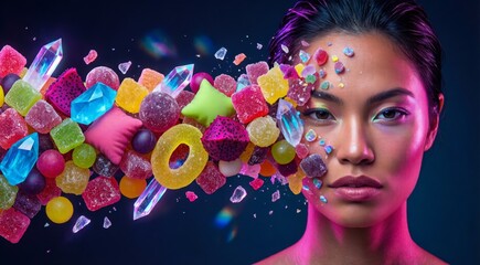 Neon crystal candy woman in kinetic cascade of bold sweets