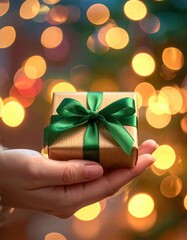 Hand Holding Small Gold Gift Box Tied With Green Ribbon Against Bokeh Lights Background