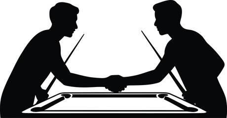 Two players shaking hands over a pool table outline