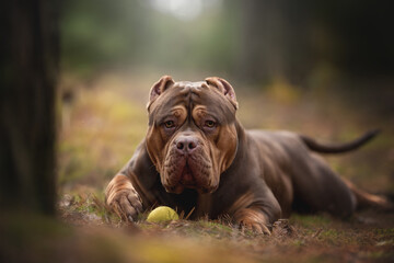 An impressive American Bully XXL lounges peacefully in a tranquil forest setting. The dog boasts beautiful chocolate fur and cropped ears, embodying strength and calmness amidst nature