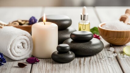Relaxing spa setup with candles and stones on wooden table