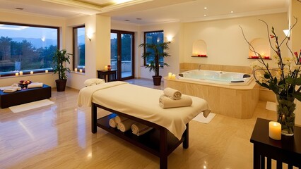 Serene spa room with massage table and jacuzzi for relaxation