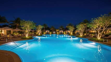 Luxurious resort pool at night with bright blue water and lounge chairs