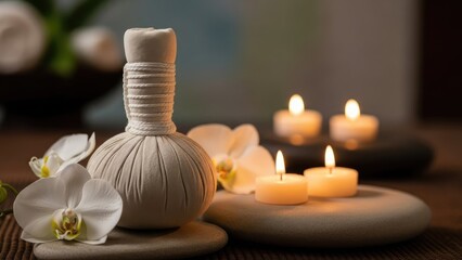 Serene spa setup with herbal poultice and candles for relaxation