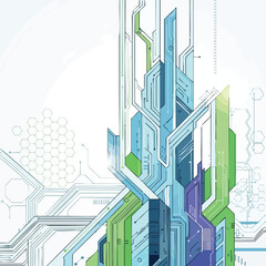 Close-up of a colorful, futuristic circuit board design with blue, green, and purple hues against a white background with technical drawings.
