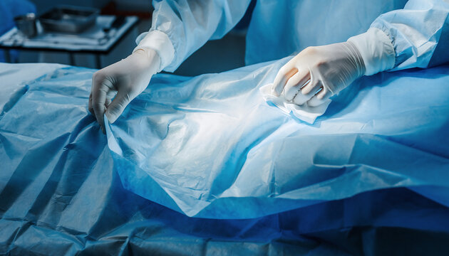 A close-up view of a medical professional's gloved hands preparing a patient for surgery with blue sterile drapes in an operating room.